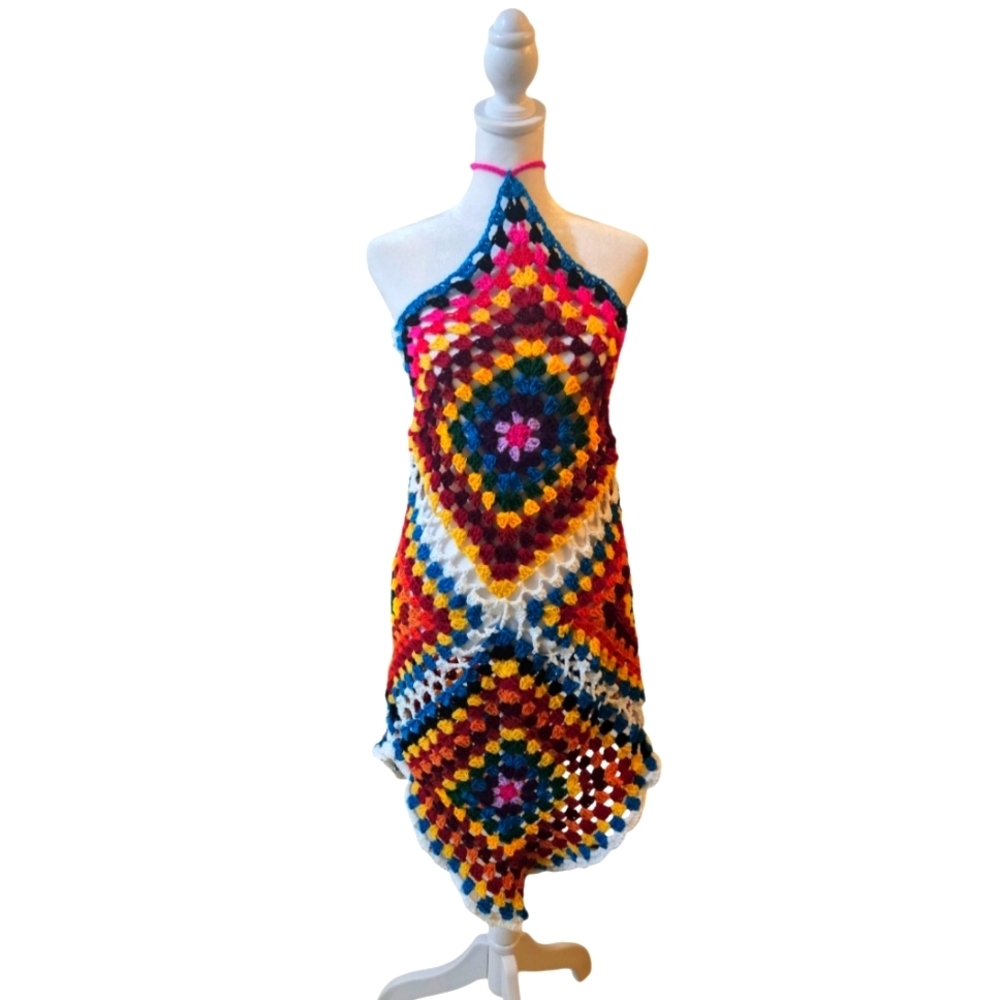 Sustainable Handmade Grannycore Crochet Dress Boho Festival Rainbow Cover-Up - Picture 3 of 17